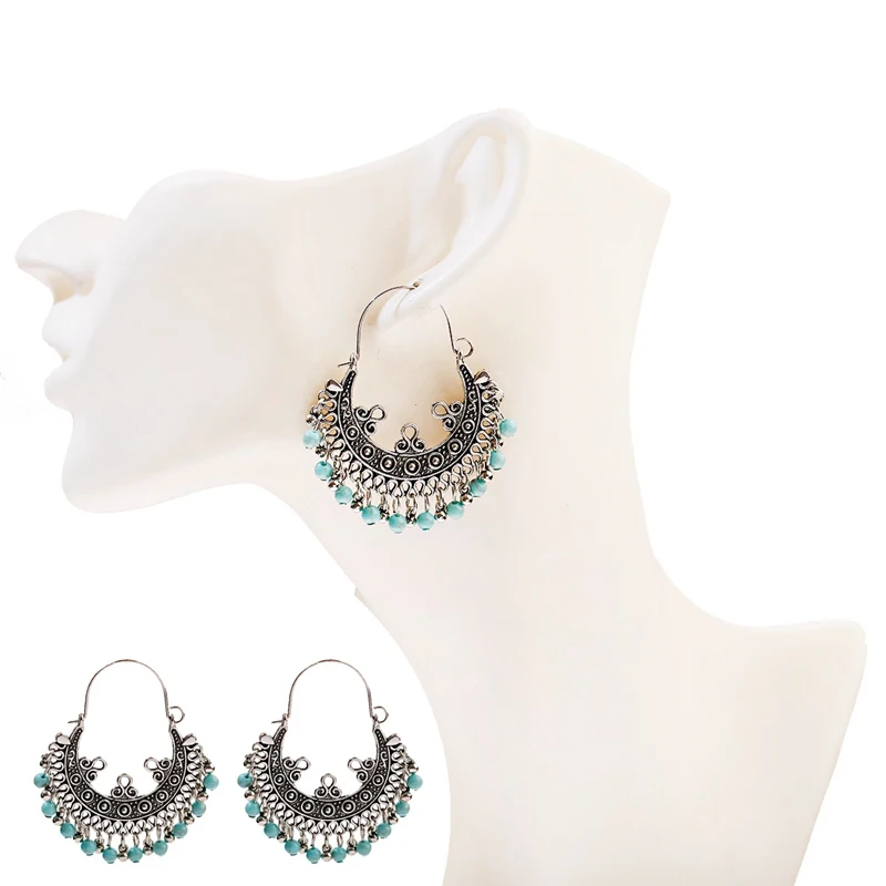 Женские винтажные этнические серьги серебристого цвета висячие с зелеными