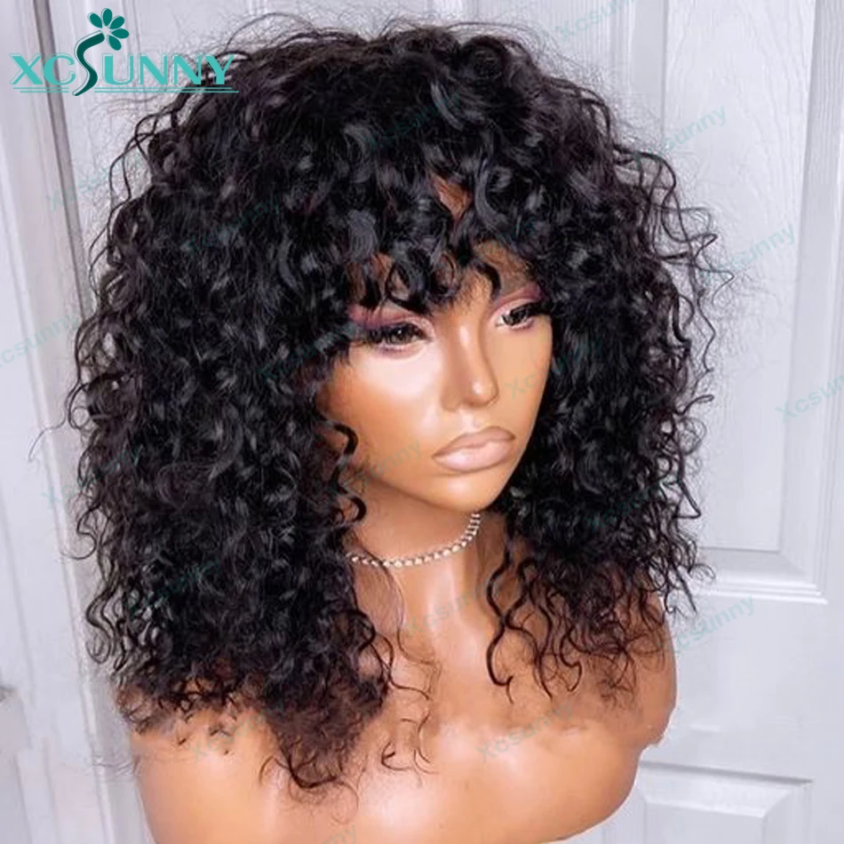 Curly Wig With Bangs O Scalp Top Full Machine Made Human Hair Wigs Remy Brazilian Loose Deep Wave Wig For Women Xcsunny