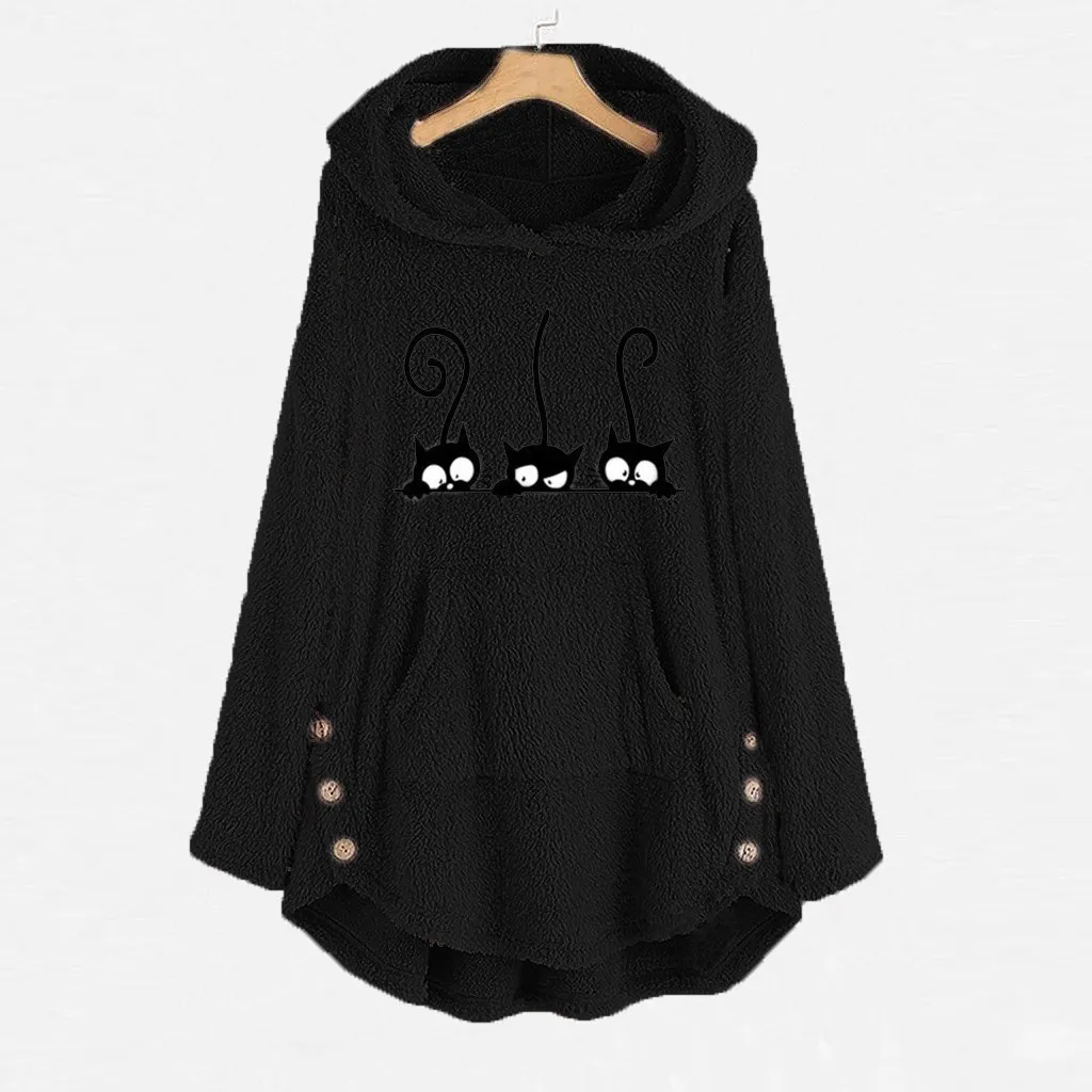 Флисовая Толстовка JAYCOSIN с вышивкой в виде кота женская теплая Оверсайз свободная