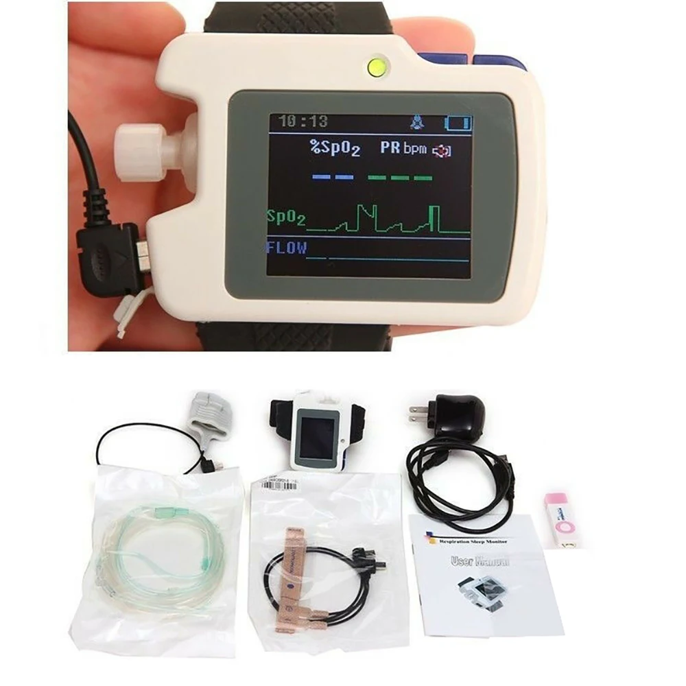 

RS01 Patient Sleep Apnea Screen Meter Nose Air Flow Wrist Respiration Sleep Monitor Spo2 PR Alarm Nasal Cannula Record Software