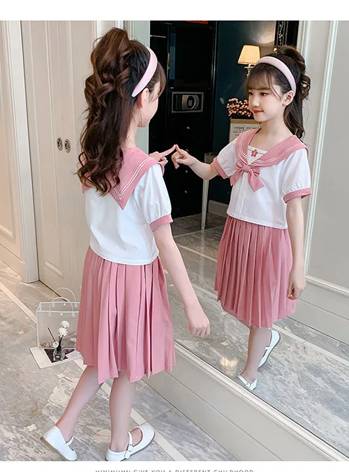 

New Kids Girls Clothes Set Summer Bow Tops Pleated Skirt Two-piece Girl Outfits College Style Girls Clothing Children Costume