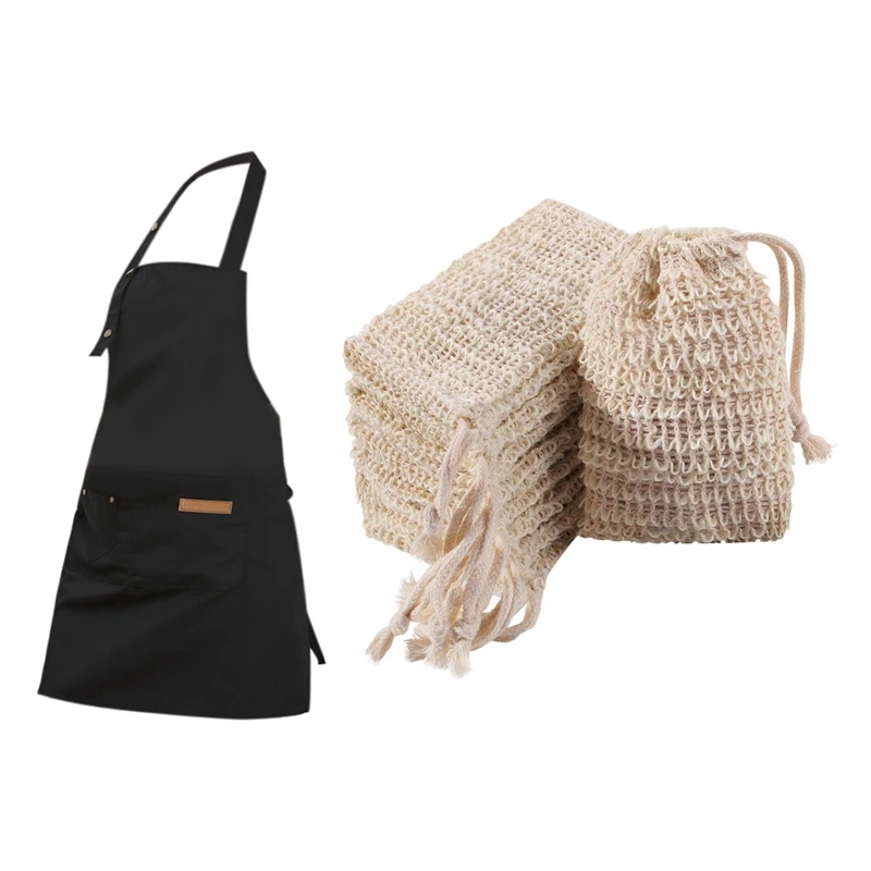 

60X Shower Bath Ramie Soap Bag Natural Ramie Soap Bag & 1X Waterproof Anti-Oil Polyester Apron Black