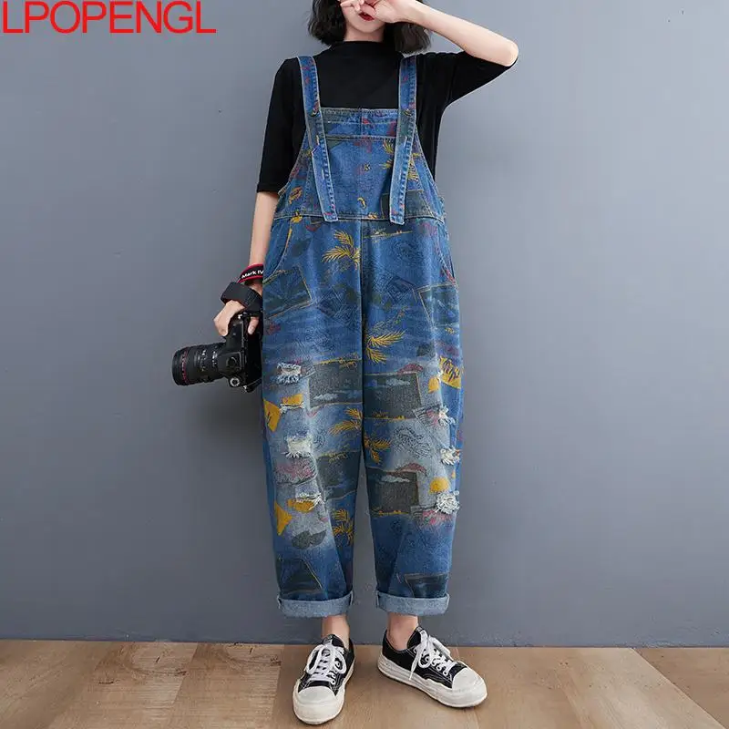 

Korean Style Vintage Loose Print Wide-leg Strap Jeans High Waist Wide Legbaggy Women's Jeans Full Length Mom Jeans Denim Pants