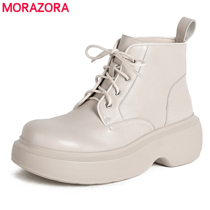 

MORAZORA 2021 Newest Genuine Leather Boots Lace Up Platform Boots Thick Sole Ladies Ankle Boots Fashion Autumn Shoes