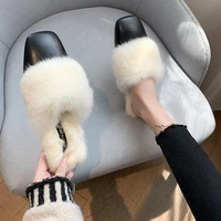 2021 women fund square leather furry flat slipper high with half drag womens shoes warm home slippers woman casual slides shoes