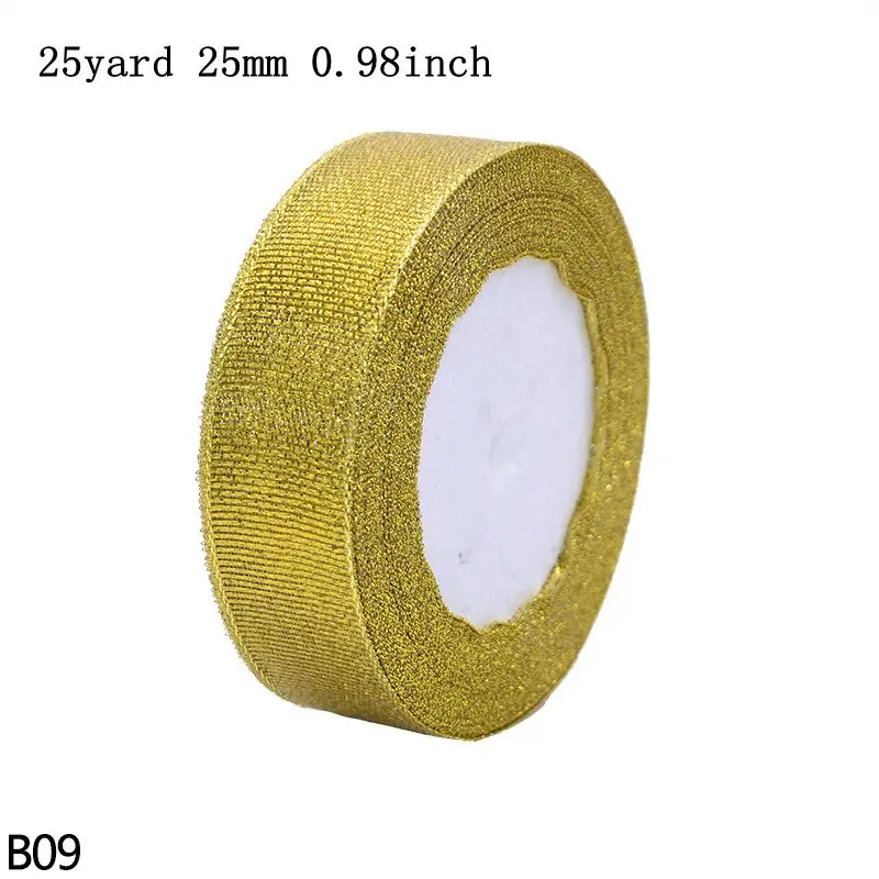 B09-gold-25mm 25yard 15/20/25 мм Золотая, серебряная, блестящая атлас органза лента вышитые ленты DIY Швейные рукоделие Упаковка для подарков на Рождество Декор - Цвет: B09-gold-25mm