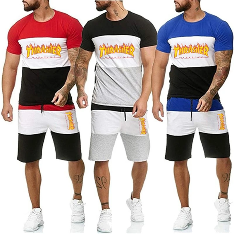 

Summer Fashion Men's 2 Piece Set Tracksuits Casual Short Sleeves Striped Print T-shirt+Shorts Pants Suits Camisetas Ropa Hombre