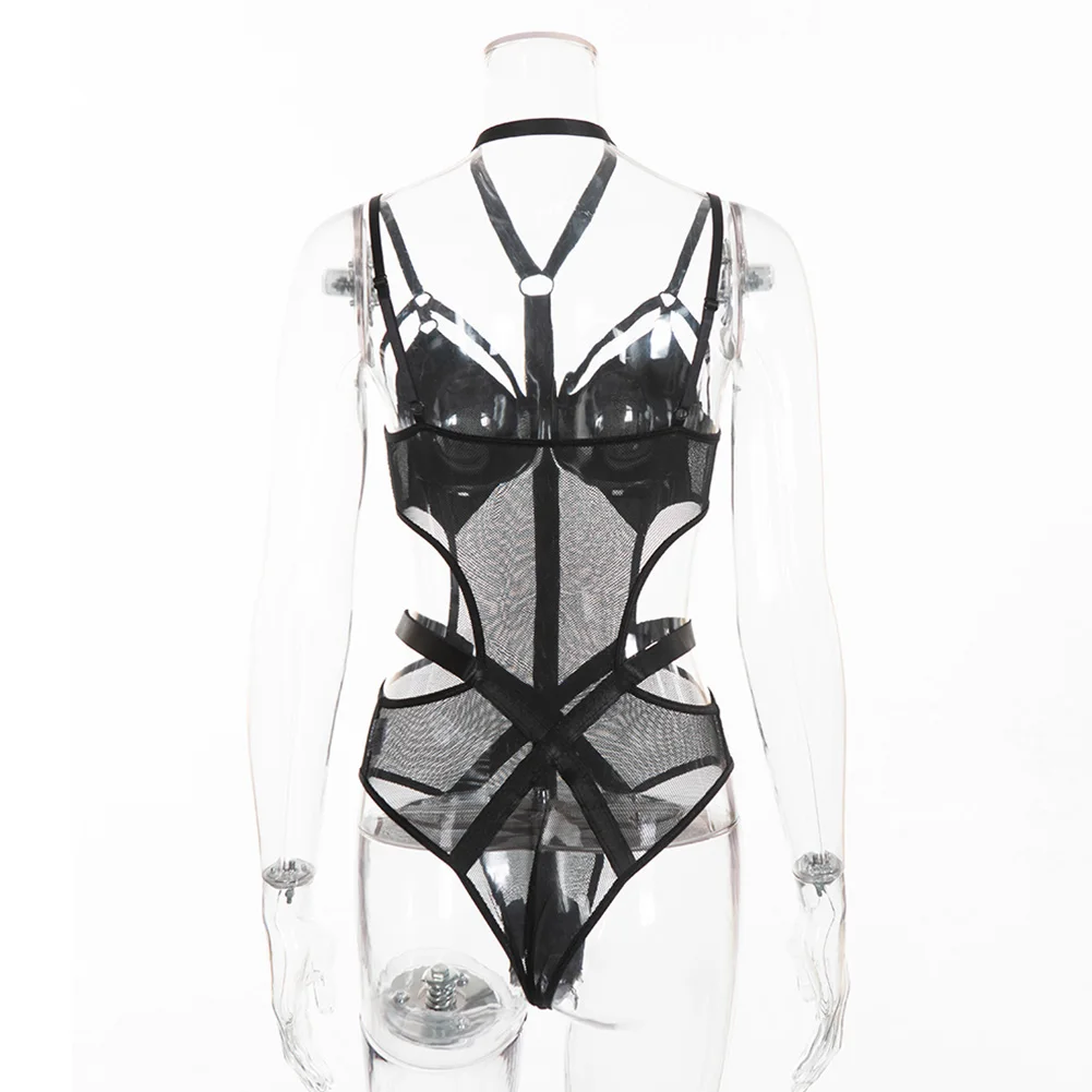 Комбинезон женский кружевной с лямкой на шее пикантный бандажный боди черного