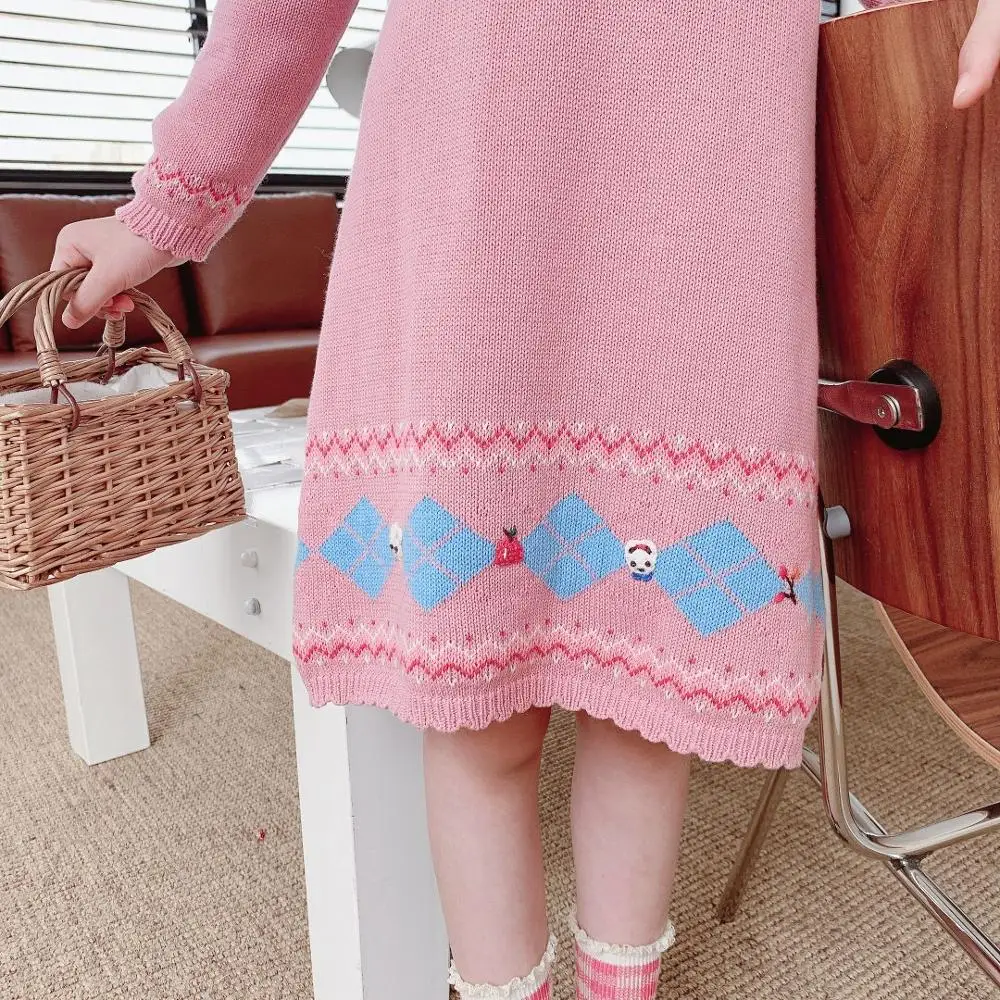 

Spring autumn new girls sweater dress sweet bear crocheted wavy long sleeve round neck knitted dress