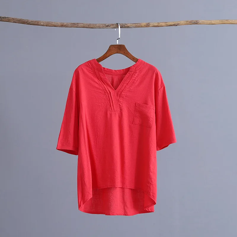 

2021 T-shirt Spring and Summer New Cotton and Linen Women's Artistic Retro Loose Tops V-neck Short-Sleeved Women's T-shirts