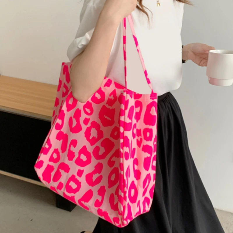 

Pink Leopard Printed Shoulder Bag Student Soft Large Canvas Tote Purse Bucket Handbag Travel Satchel For Women Girl