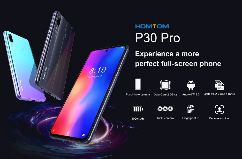 HOMTOM P30 Pro, 4 Гб ОЗУ, 64 Гб ПЗУ, Восьмиядерный мобильный телефон, 6,41 дюймов, полный дисплей, 13 МП, задняя камера, смартфон, отпечаток пальца