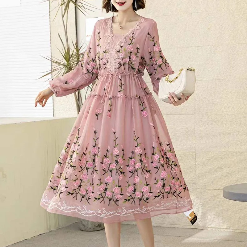 

Женское длинное вечернее платье, элегантное платье с вышивкой и бантом, украшенное бусинами, с V-образным вырезом, на завязках, весна 2022