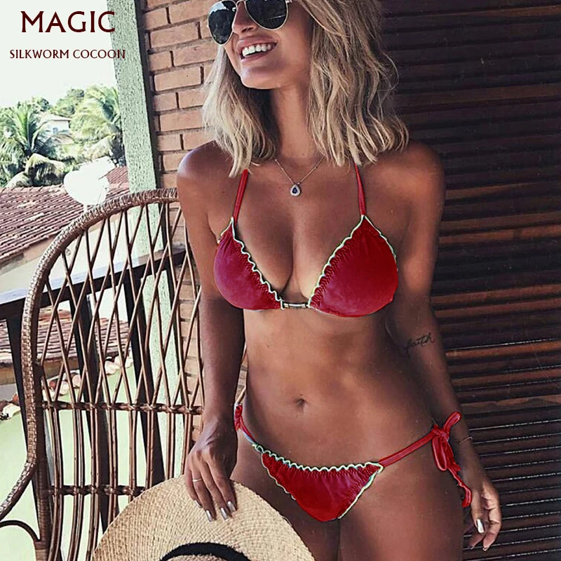 Новый высококачественный золотистый бархатный комплект бикини для женщин с