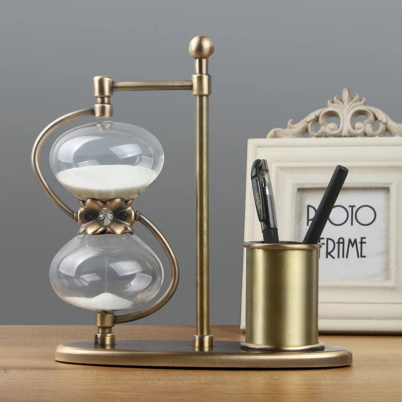 

hourglass sand timer for 15min\30min\60min tabletop metal watch&clock+pen holder for home decoration new arrival