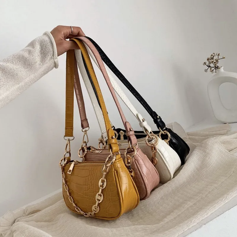 

Fashion Crocodile Pattern Baguette Bags PU Leather Shoulder Bags For Women Chain Designer Luxury Handbag Female Travel Tote
