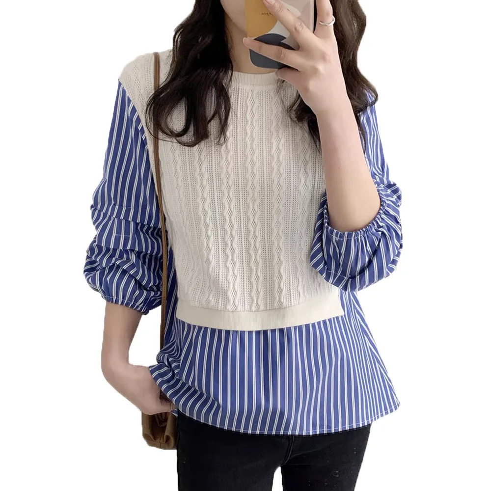 

Autumn 2021 New Korean Fashion Temperament Fake Two Stripe Splicing Loose Casual Blouse Round Neck 7-point Sleeve Simplicity