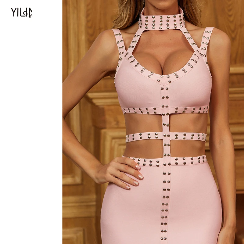 

YILINHAN 2021, Бандажное платье, сексуальное, с вырезами, с шипами, черное, Розовое женское летнее платье, модное вечернее платье, женское платье