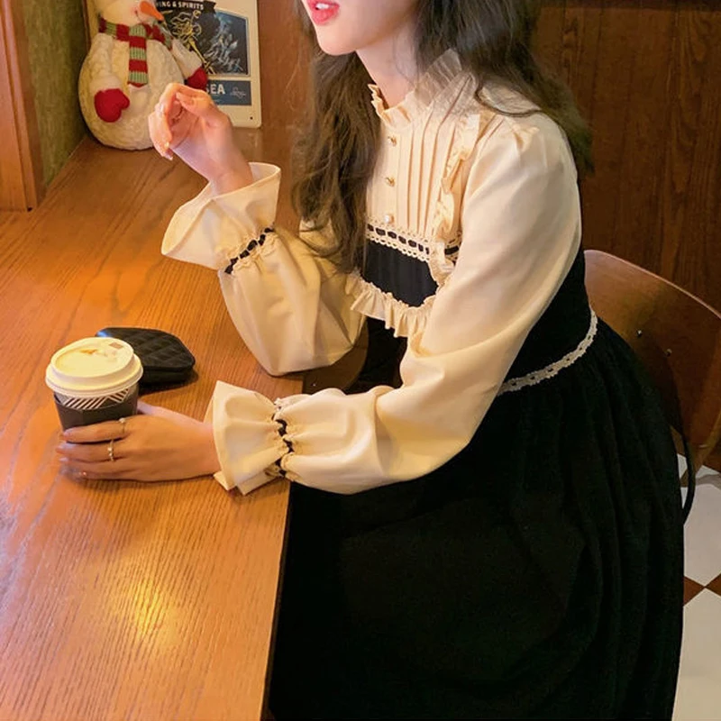

French Sweet Vintage Dress Women Patchwork Ruffles Elegant Princess Midi Dress 2021 Casual Long Sleeve Fairy Party Dress Korean