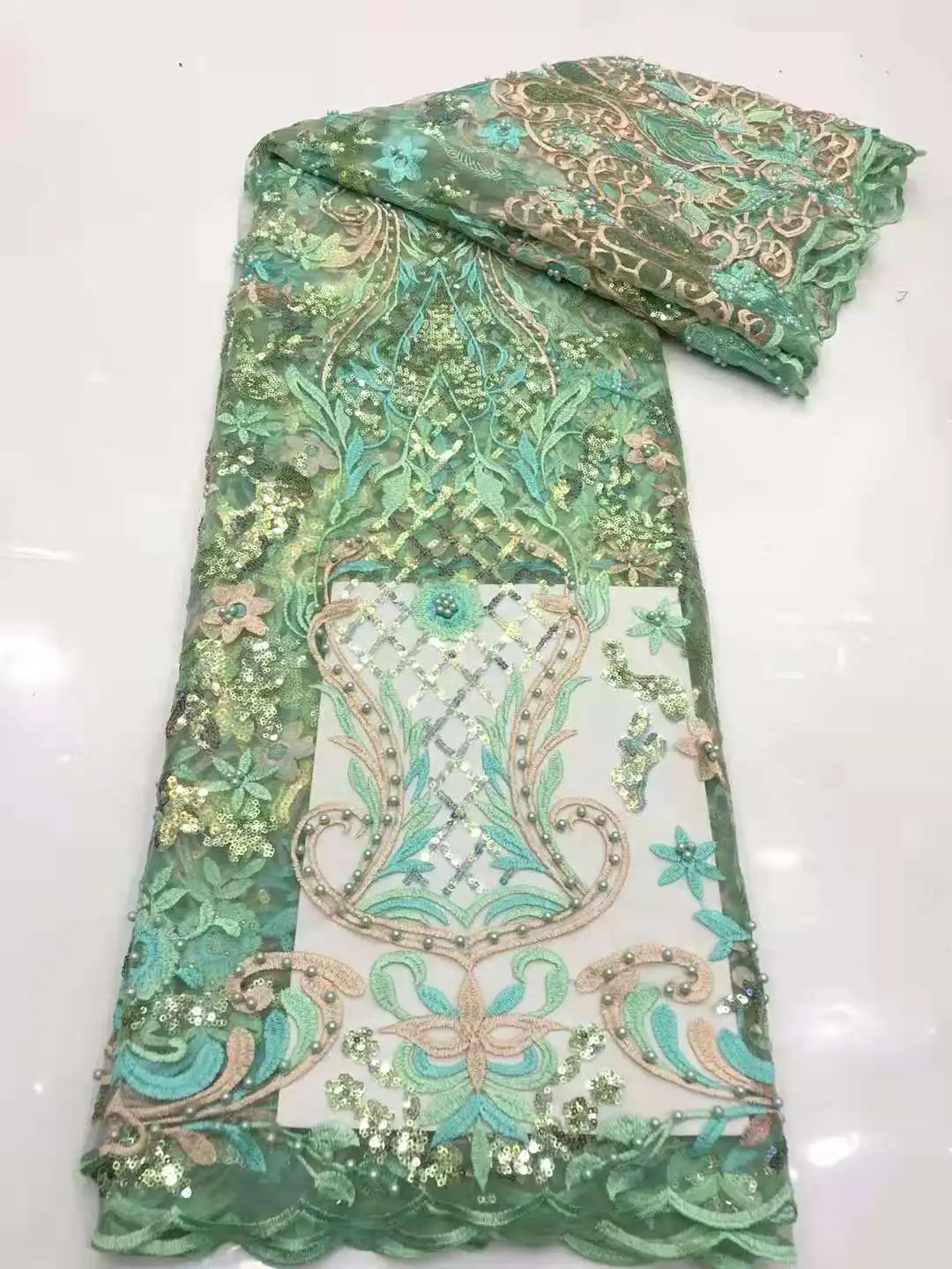 

High Quality African Lace Fabric Sequin Embroidery French Tulle Nigerian Lace Sewing Cloth Wedding Evening Dress Fabric 5 Yards