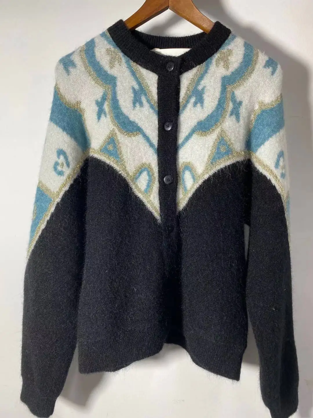 

Single Breasted Women Knitted Sweater Printed Vintage Spring 2022 O-neck Wool Mohair Blends Long Sleeve Knitwear Cardigan