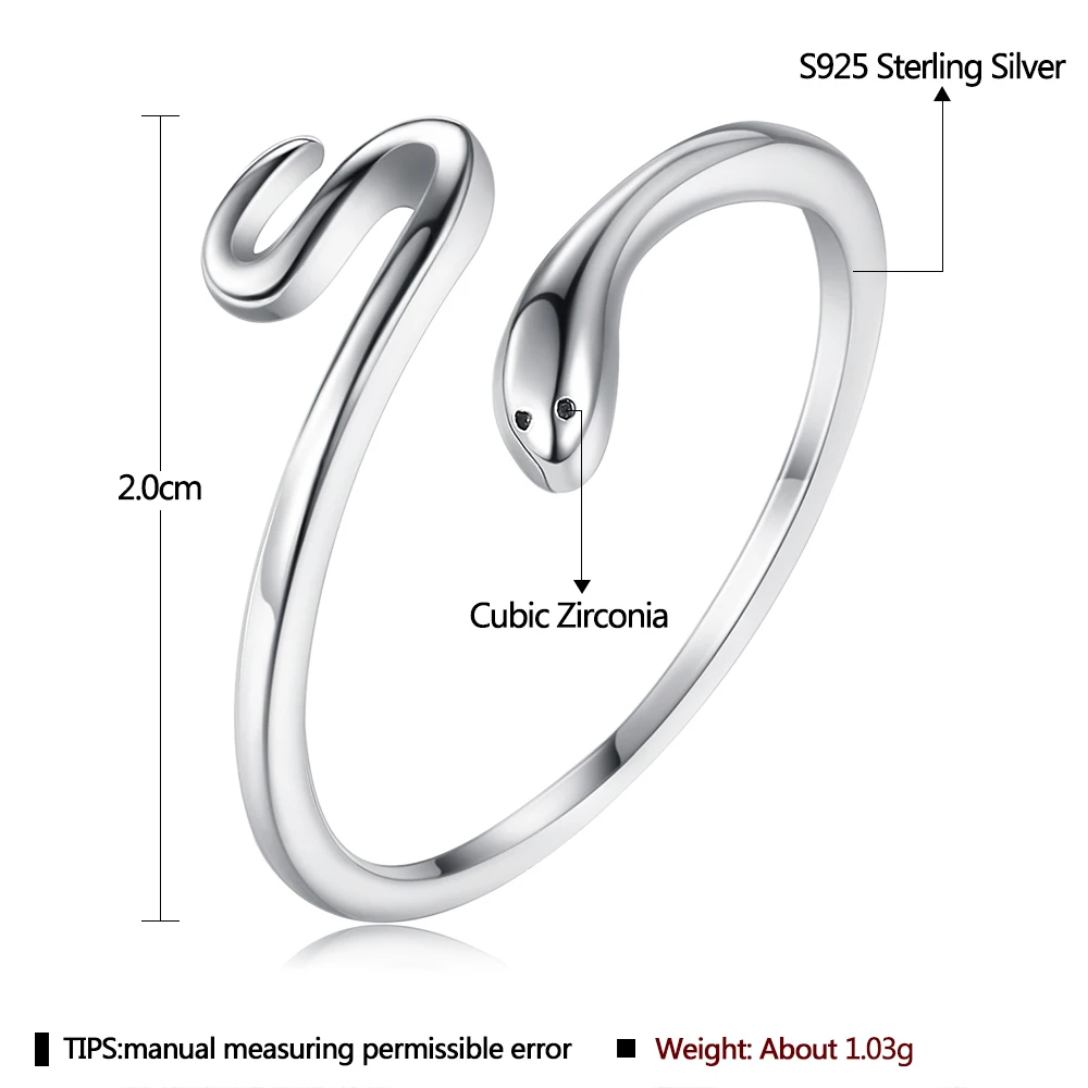 SILVERHOO Real 925 Sterling Silver Simple Open Adjustable Rings For Women Snake Black CZ Cocktail Finger Ring Silver Jewelry