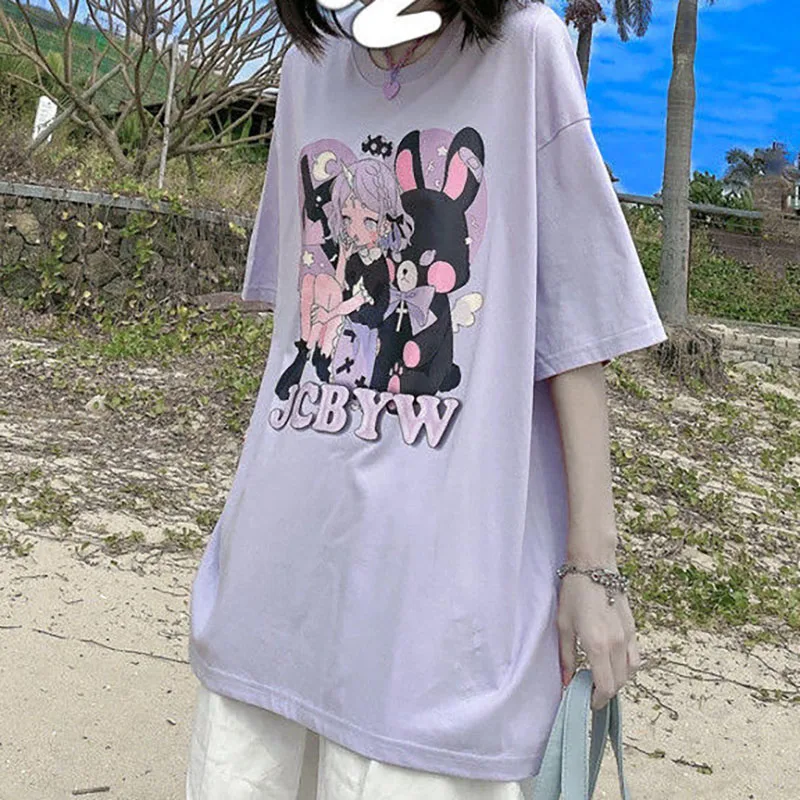 

MINGLIUSILI Anime Graphic T Shirts Women Fashion 2021 Harajuku Print Tee Shirt Y2k Summer Short Sleeve White Woman Tshirts