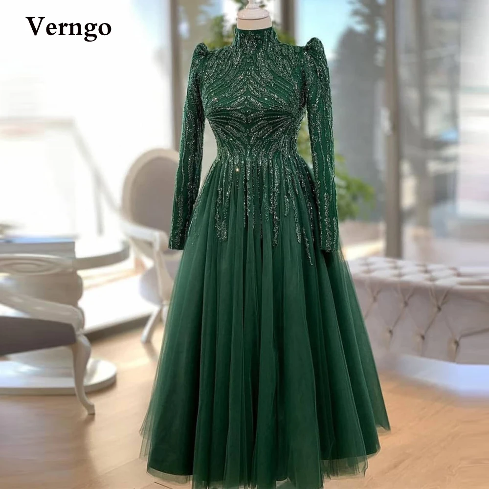 Verngo mütevazı yeşil tül gece elbiseleri yüksek boyunlu uzun kollu boncuk ayak bileği uzunluğunda balo önlükleri Saudi arapça kadın resmi elbise