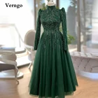 Verngo сдержанные зеленые тюлевые вечерние платья с высоким воротником с длинными рукавами бусинами длиной до щиколотки платья для выпускного вечера для Саудовской Аравии женское официальное платье