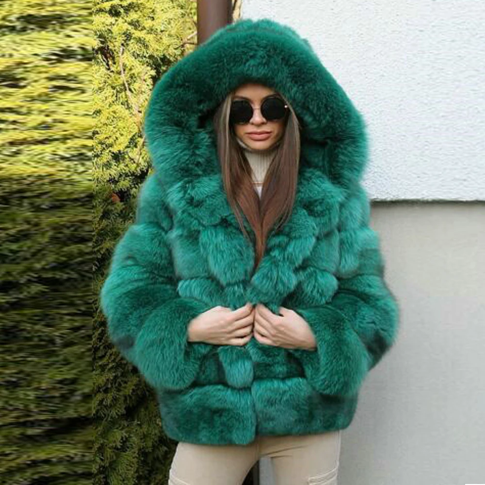 Green Natural Fox Fur Jacket for Women Winter Outwear 2022 New Real Fox Fur Coats with Hood Thick Warm Fur Overcoats Fashion