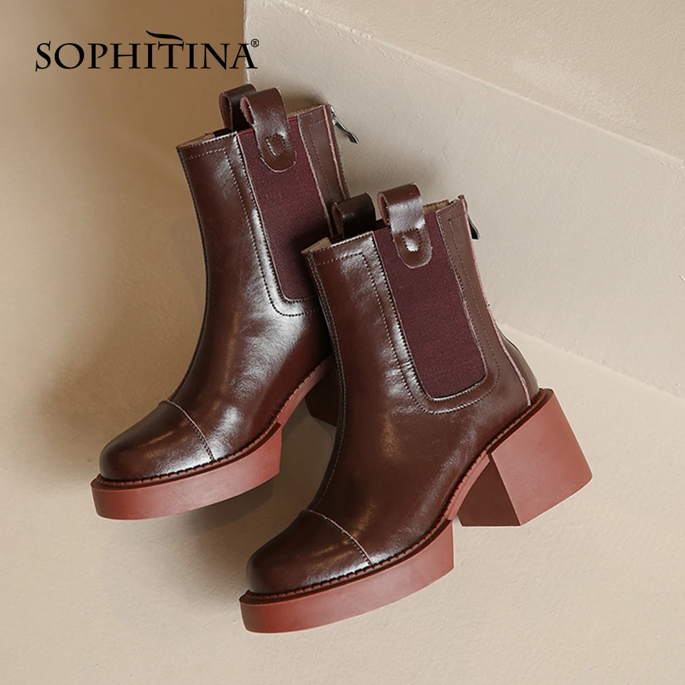 

SOPHITINA Chelsea Women's Boots Spring/Autumn Warm Shoes Thick High Heels Sewing Shoes Commuter Mid-calf Boots For Woman HO737