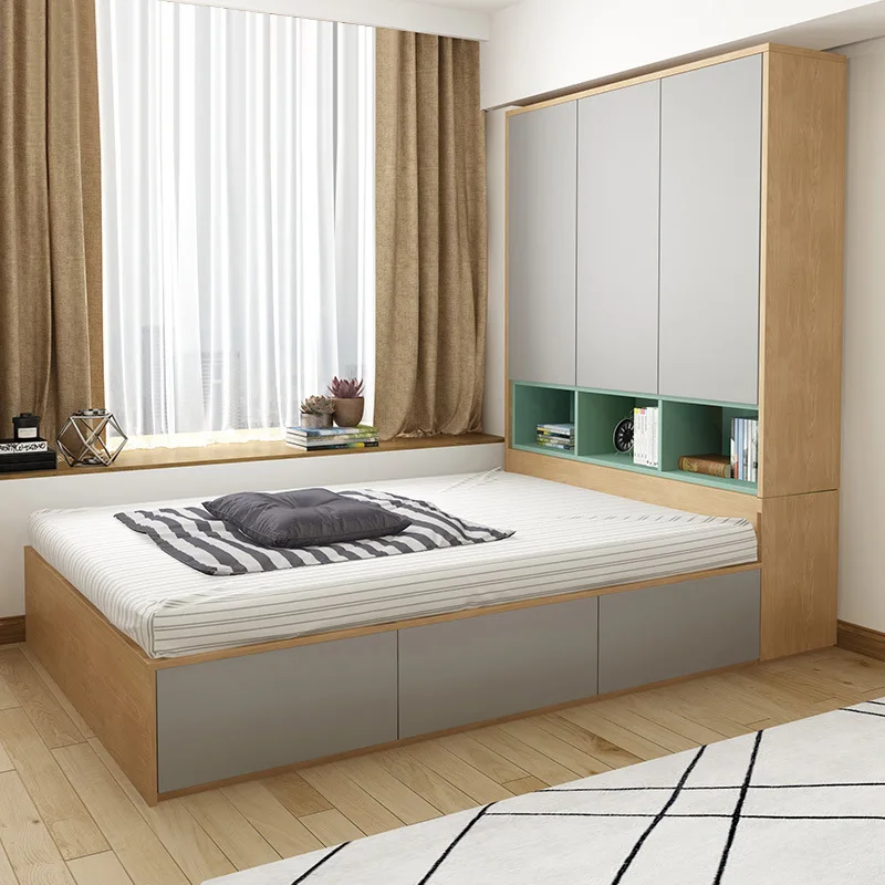 

Nordic modern minimalist double bed 1.2 meters 1.5 meters tatami bed plate wardrobe bed high box storage bed with closet