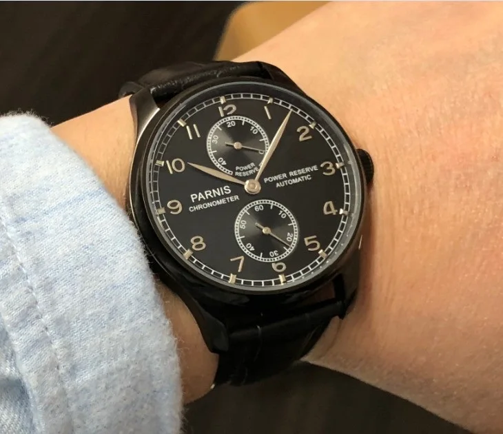 Black watch band 43 мм PARNIS запас хода автоматический самоветер механический механизм черный циферблат PVD чехол Бабочка Пряжка мужские часы pa200-p8 - Цвет: Black watch band