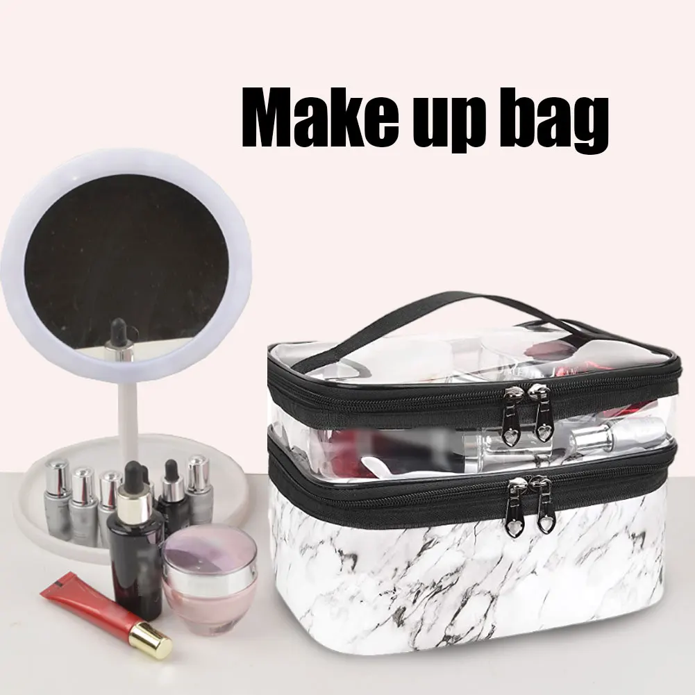 

Double Layer Multifunctional Cosmetic Bag Women Leather Travel Make Up Necessaries Organizer Zipper Makeup Case Toiletry Kit