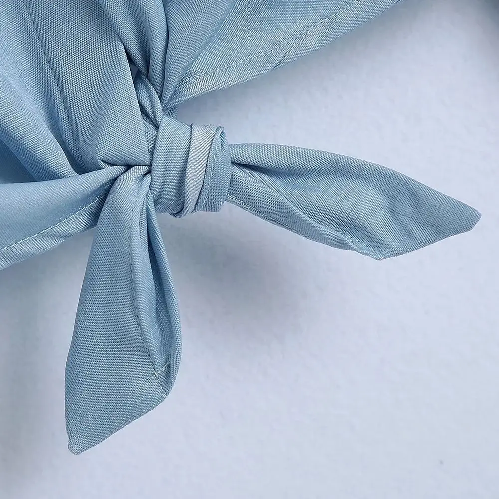 

Za 2021 spring Women casual Chic denim Crop Blouses long Sleeve Single-breasted lapel Hem Bow Tie Knotted Cropped shirt femme