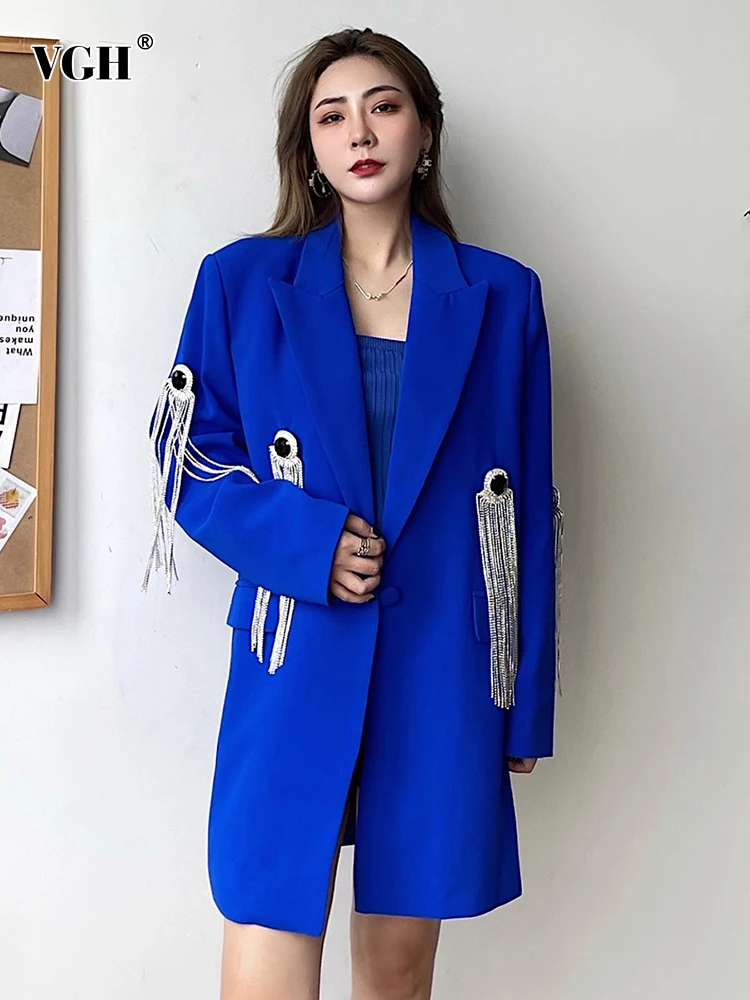 

VGH Blue Casual Patchwork Tassel Pockets Straight Blazers For Women Notched Loose Long Sleeve Coats Female Autumn 2021 Style New