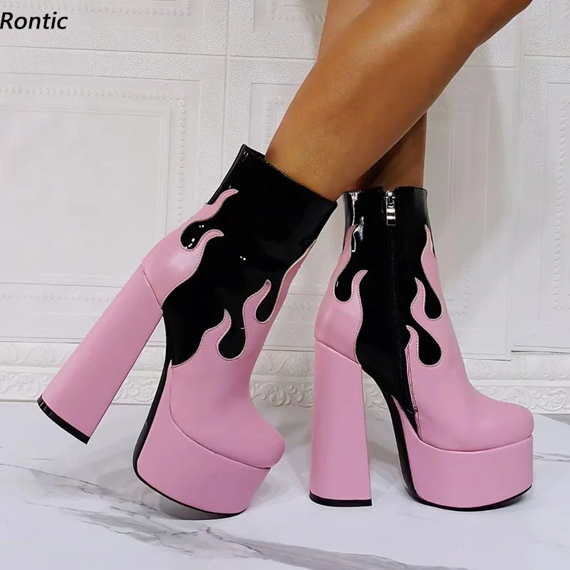 

Rontic New Stylish Women Platform Ankle Boots Unisex Shoes Block Heel Round Toe Pretty White Pink Beige Party Shoes US Size 5-15