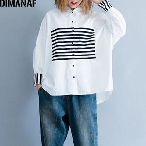 Женская хлопковая блузка DIMANAF, Повседневная Свободная рубашка с длинным рукавом, в полоску, в стиле пэчворк, для осени, 2021