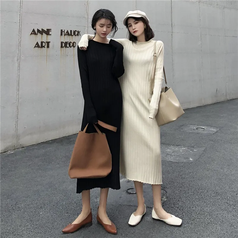 Женское платье-свитер с высоким воротом Осень-зима 2019 модное корейский стиль