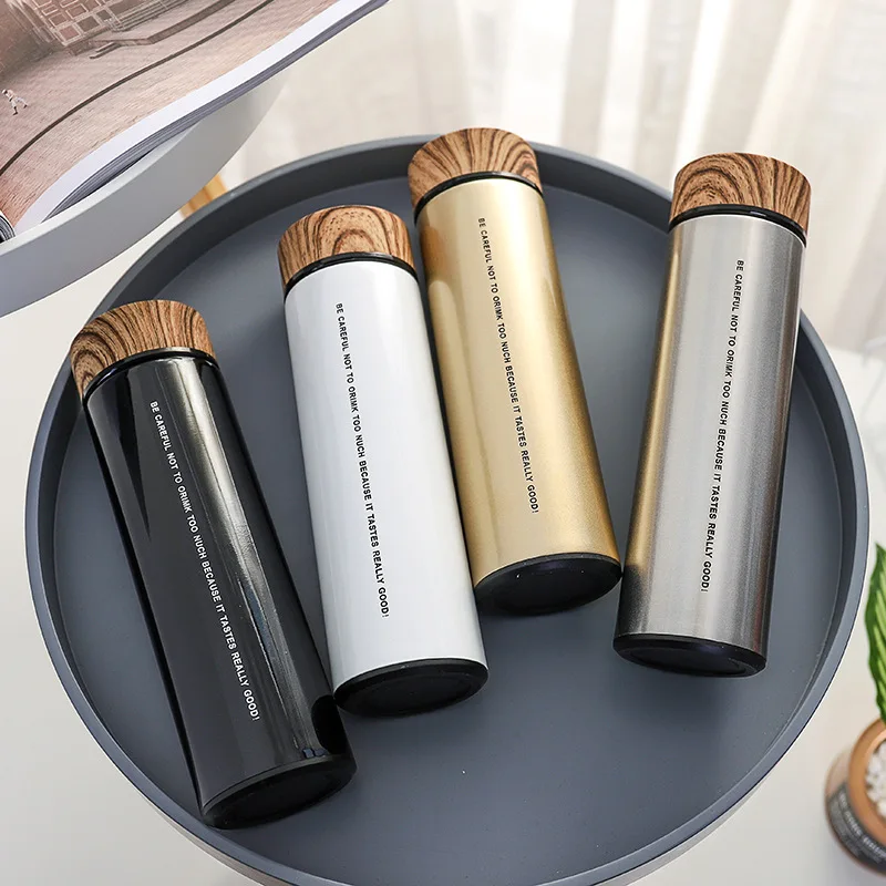 

500ml Letter Stainless Steel Wooden Lid Thermos Thermal Water Bottle Travel Mug Portable Vacuum Flasks for Water Tea Coffee