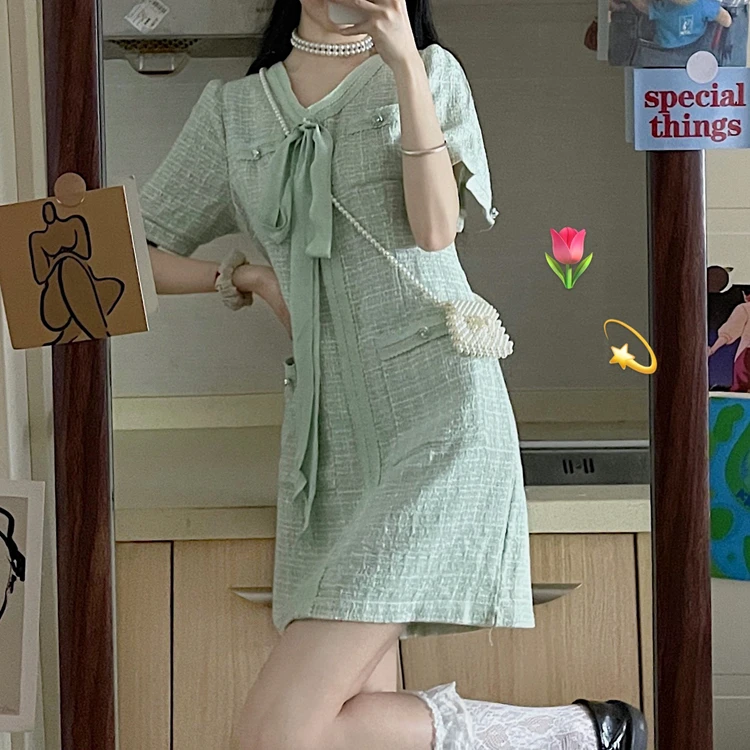 Платье женское твидовое с круглым вырезом винтажное модное мини платье зеленого