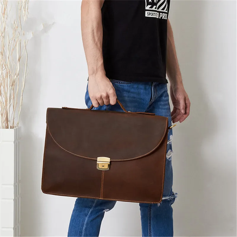 Retro Crazy Horse Leather Men Portable Business Briefcase Daily Work Office 15.6-inch Laptop real leather Shoulder Messenger Bag