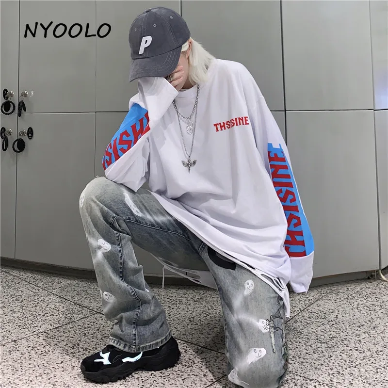 NYOOLO Harajuku стиль простая футболка с буквенным принтом Осенняя уличная свободная футболка с длинными рукавами и круглым вырезом Женская Мужская одежда Топ