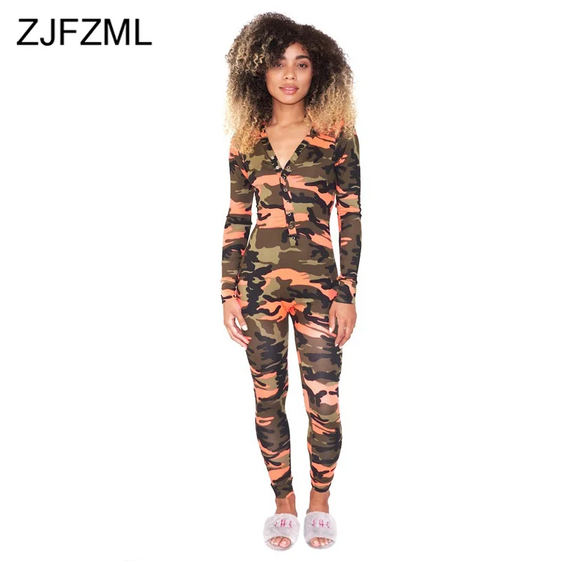 Женский камуфляжный комбинезон на пуговицах Облегающий с глубоким V образным
