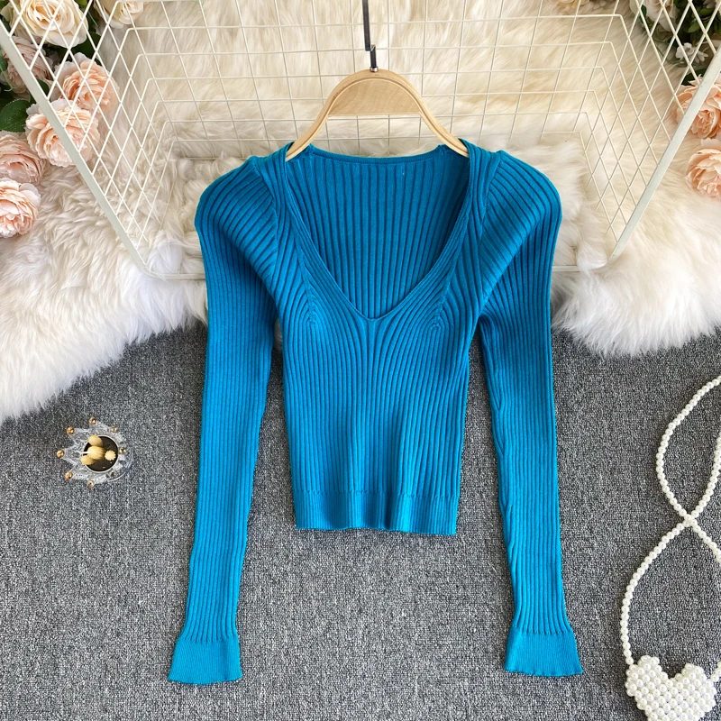 

women's solid basic t-shirt knitted crop top new spring autumn sexy v neck long sleeve slim stretch short bottom tops