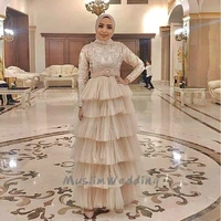 vintage layere ruffles tulle muslim prom dresses high collar full sleeve evening gown beaded robes re caftan abaya dubai evening