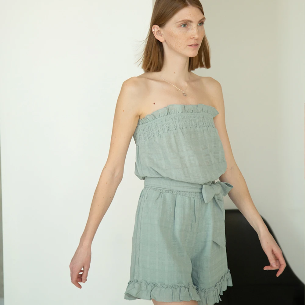 Sexy Off-Shoulder Waist Bow Tie Folds Female Tops Loose Sleeveless Backless Short Jumpsuits Casual Ruffle Stitching Women's Sets