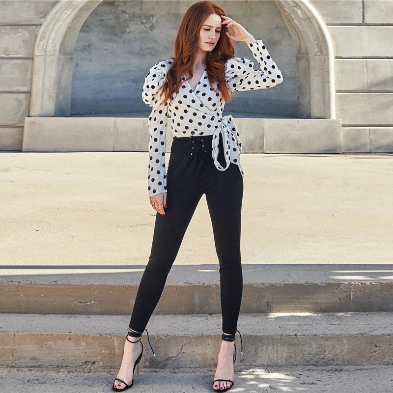 SHEIN x Madelaine белая блузка в горошек с длинными рукавами и бантом, Женская Осенняя блузка с v-образным вырезом, элегантные топы и блузки