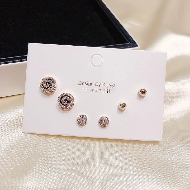 MIGGA 3 Pairs CZ Crystal Paved Round Stud Earrings Set Gold Color Cubic Zircon Women Jewelry | Украшения и аксессуары