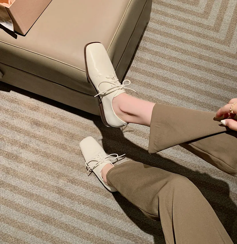 

QUTAA 2021 Spring Autumn Square Toe Lace Up Women Shoes Basic Square Low Heels Genuine Leather Concise Female Pumps Size 34-40